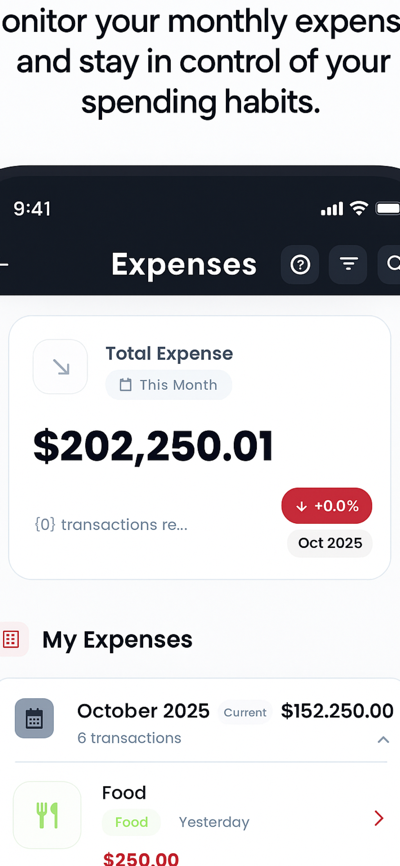 Expenses list with categories and day summaries